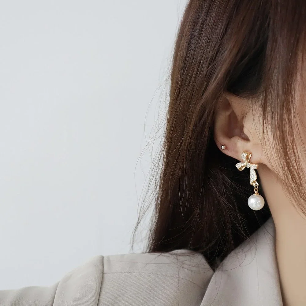 NEW 14K Gold Plated Diamond Bow Pearl Earrings - Picture 7 of 7